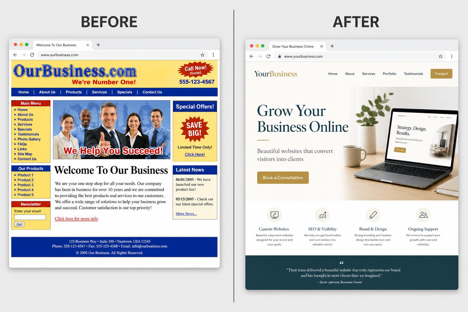 Before and after comparison of a business website — dated template versus a custom Digital Presence Page