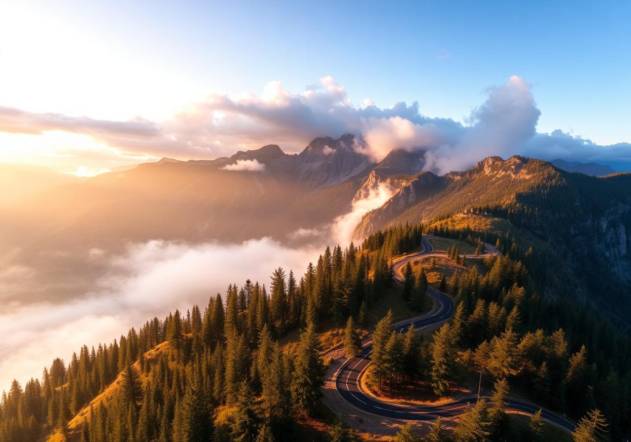 Misty mountain range at sunrise with winding road